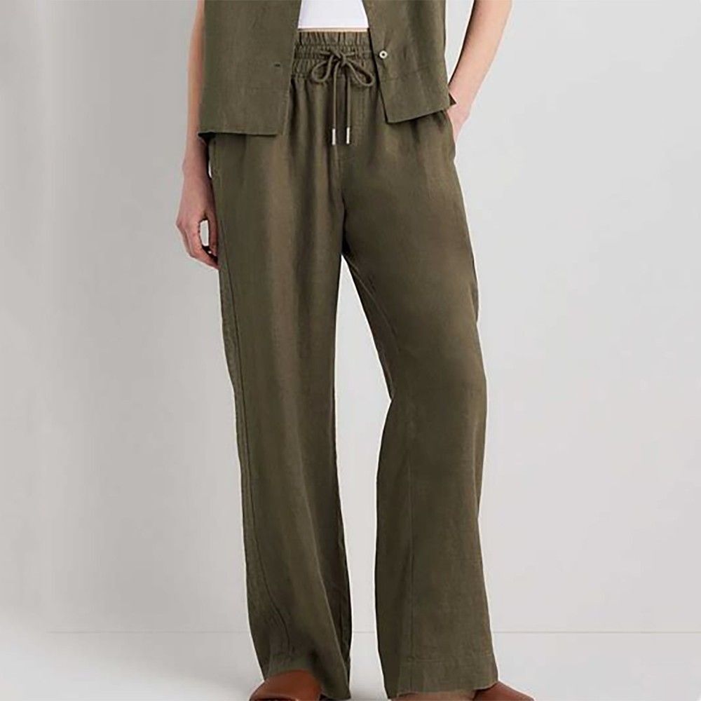 Quince European Linen Wide Leg Pants Size XL Olive Green Elastic Waist Pockets